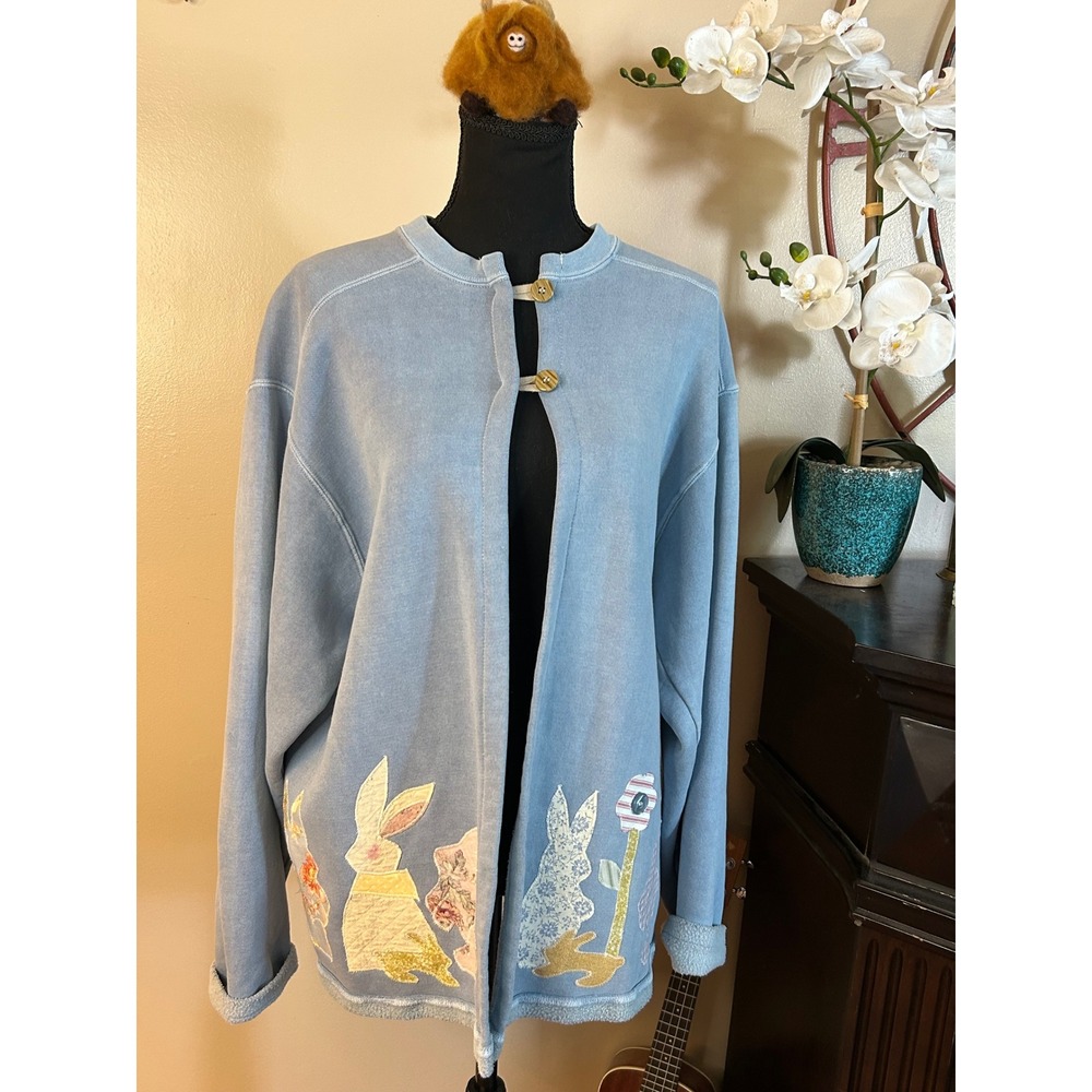 Authentic Pigment Blue Bunny Patchwork Sweatshirt Cardigan L Cottagecore bunny